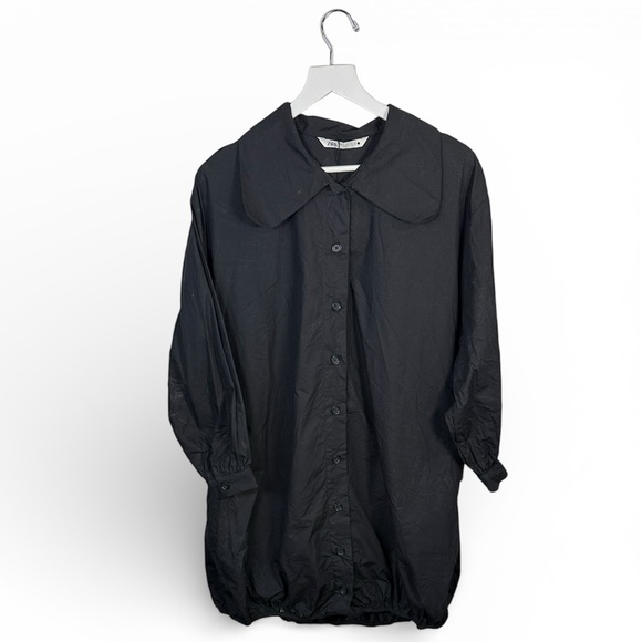 Zara Big Collar Poplin Bubble Hem Dress in Black W2163 Sz S - Picture 7 of 11